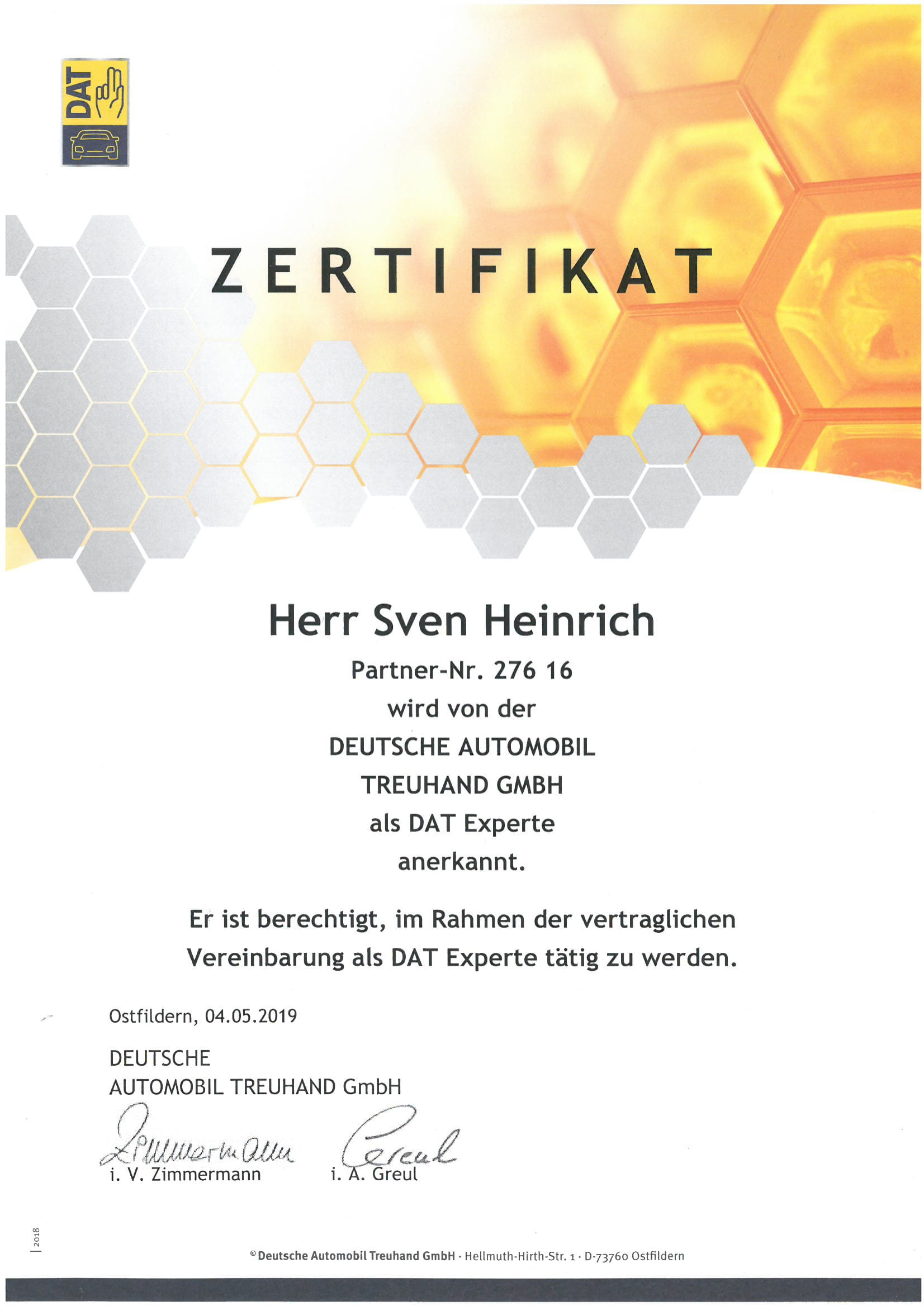 DAT Zertifikat Sven Heinrich