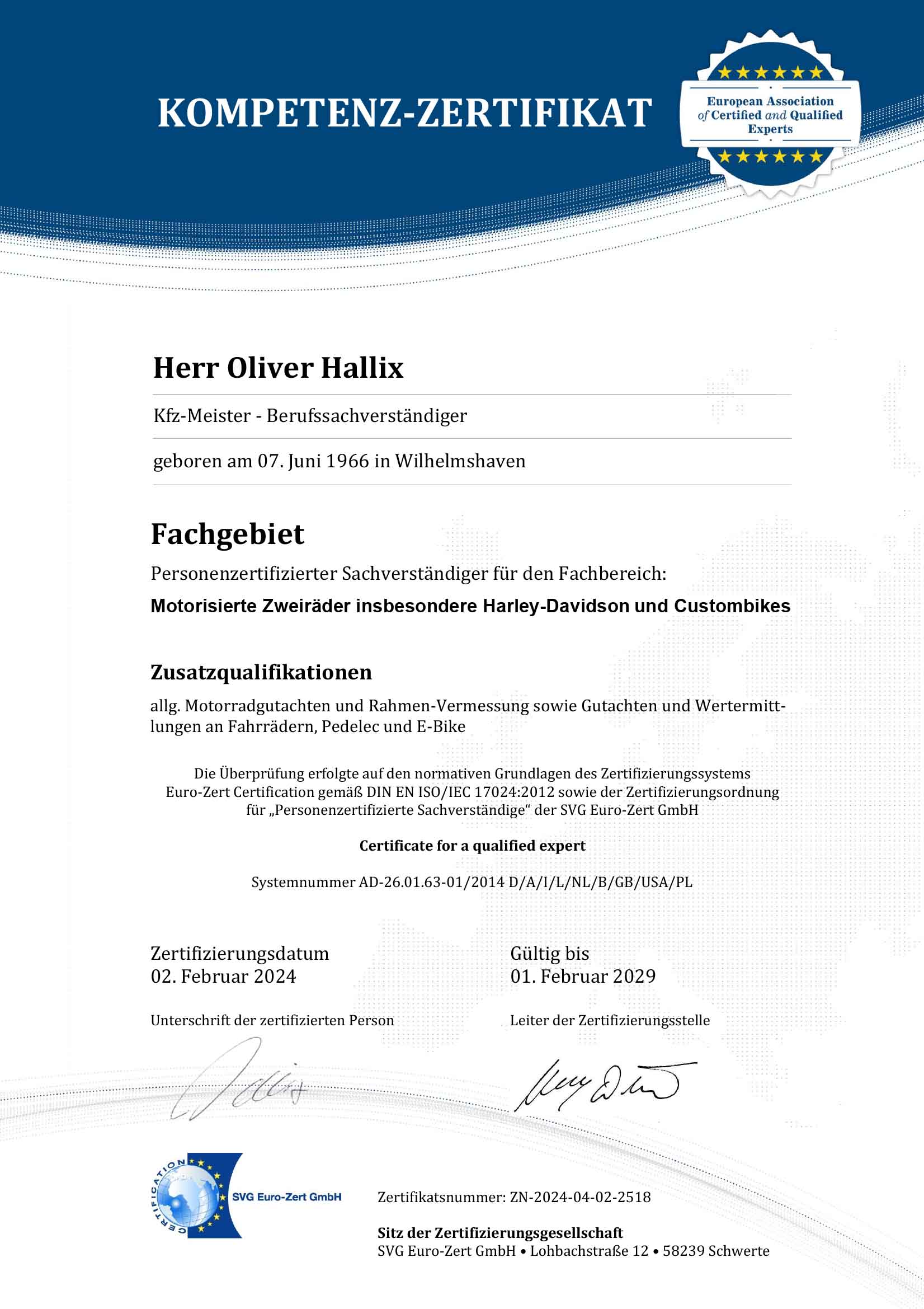Kompetenz Zertifikat Harley-Davidson Oliver Hallix