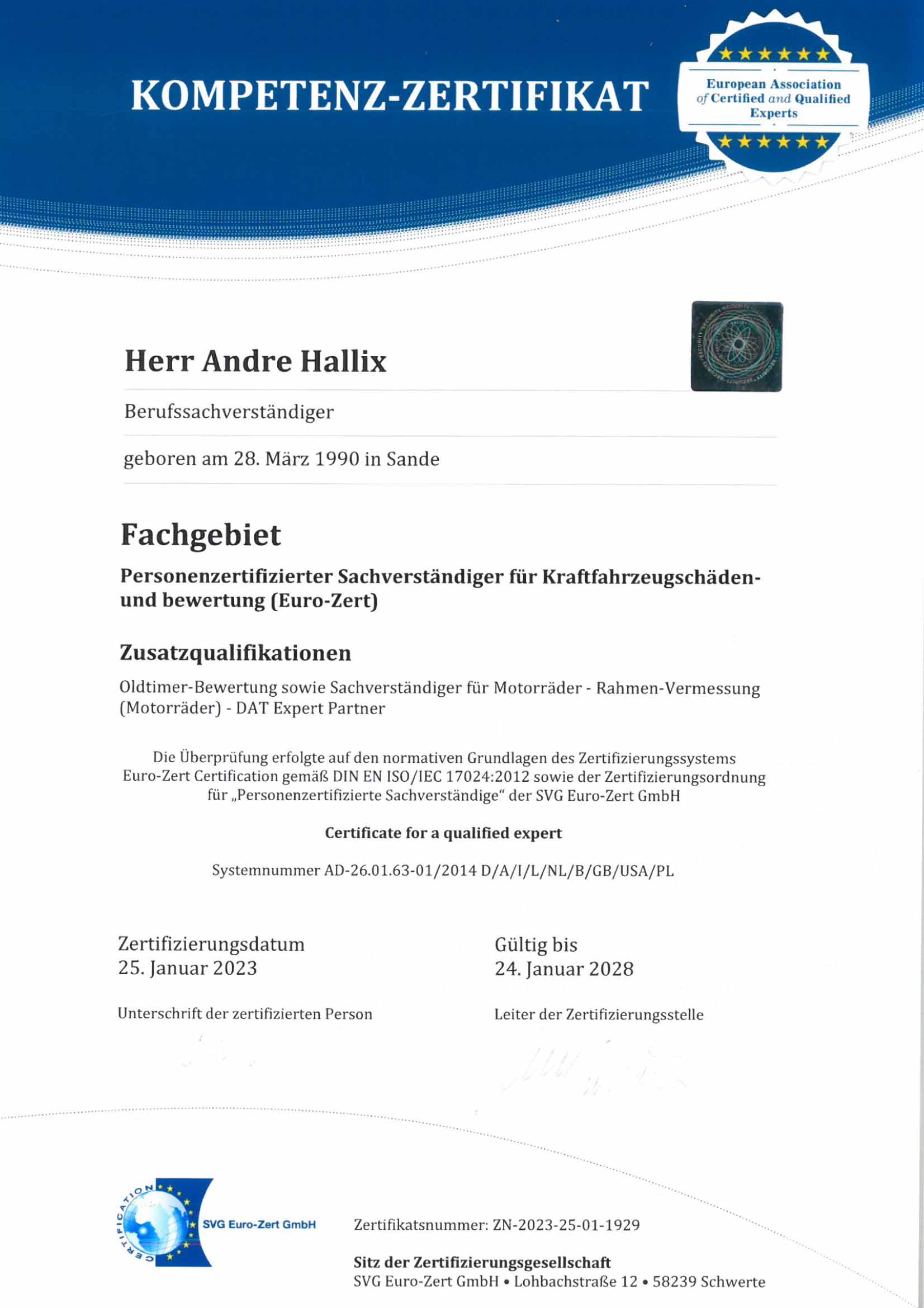 Kompetenz Zertifikat Oldtimer Bewertung Andre Hallix
