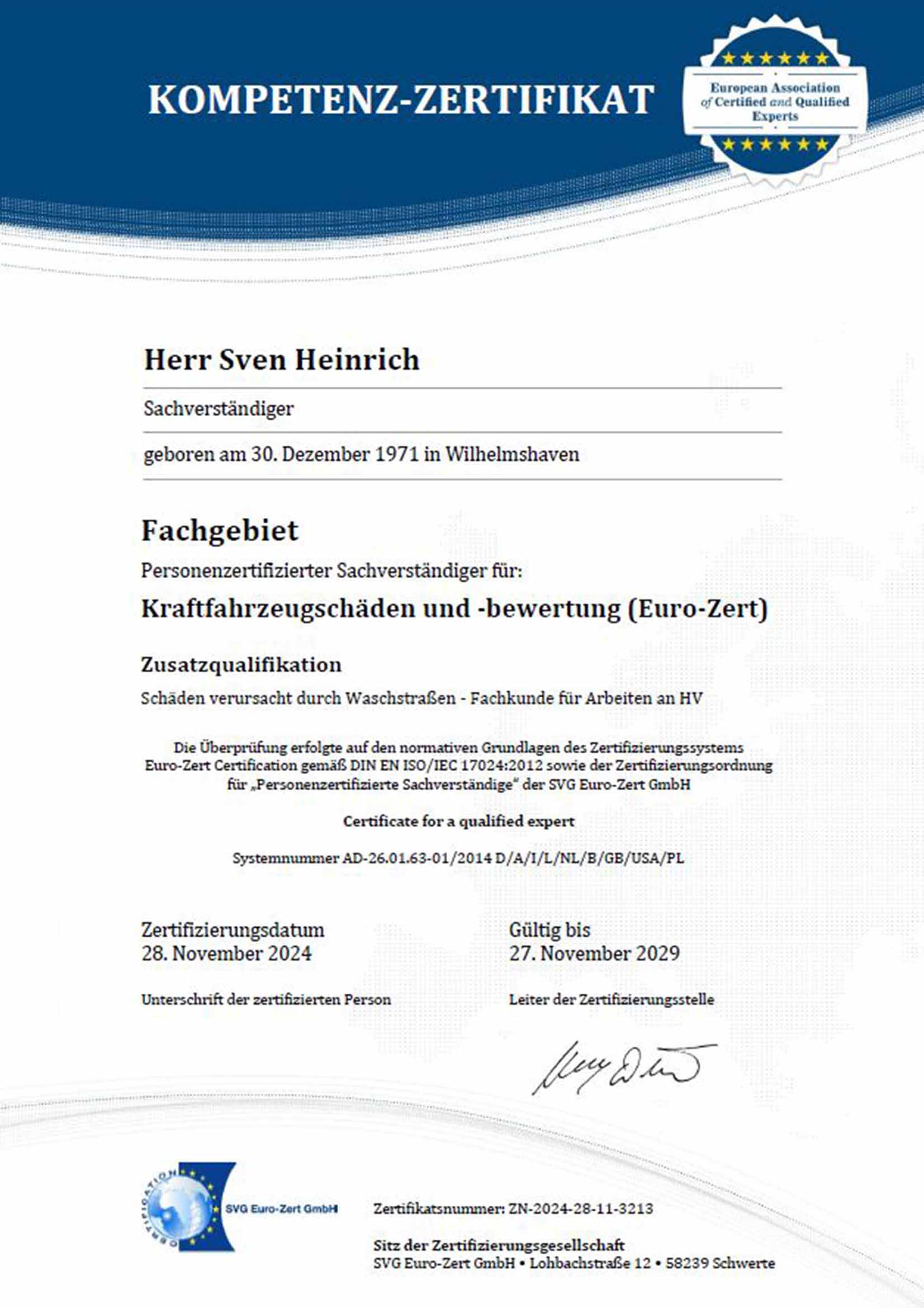 Kompetenz Zertifikat Waschanlagen Sven Heinrich