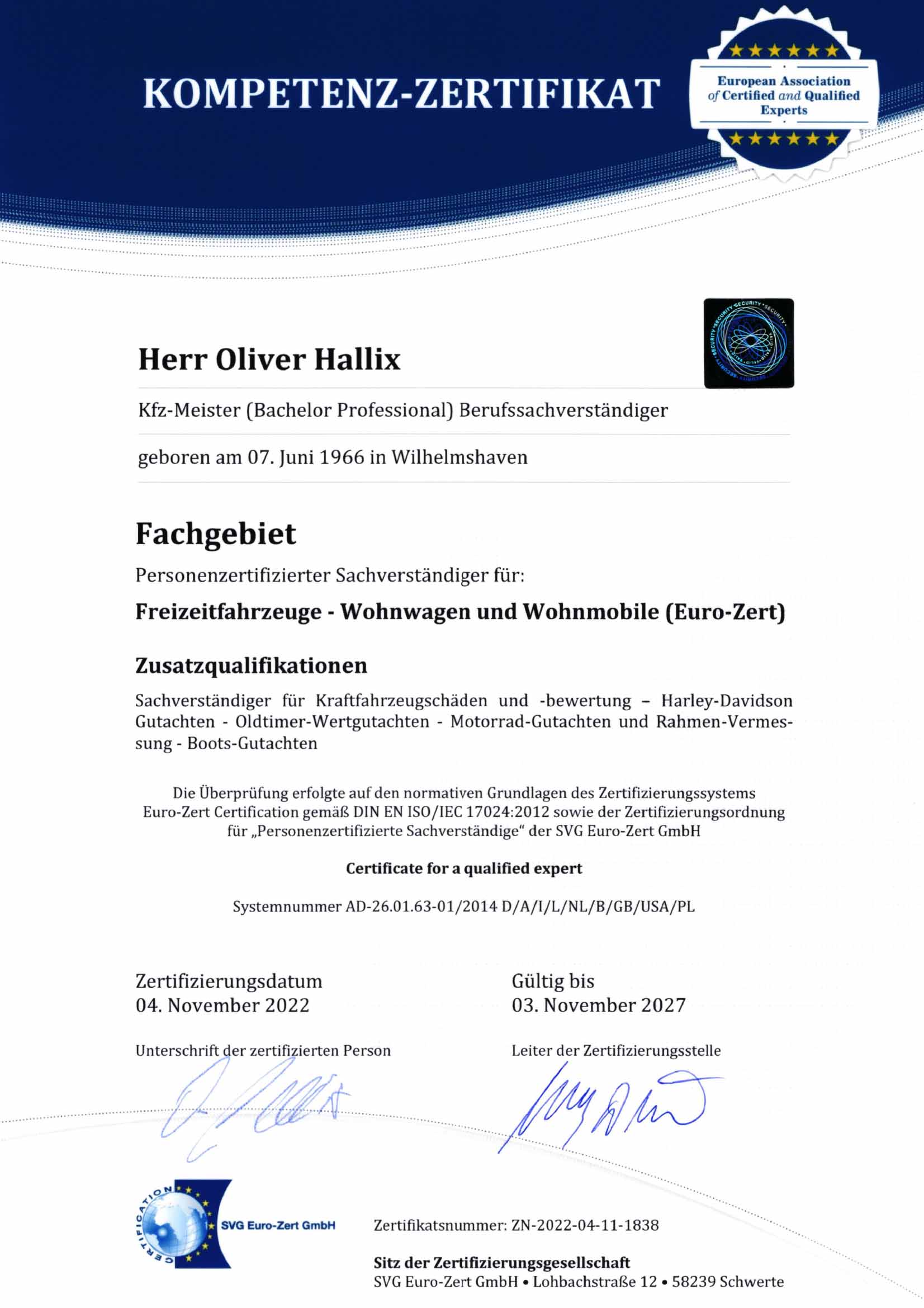 Kompetenz Zertifikat Wohnwagen & Wohnmobile Oliver Hallix