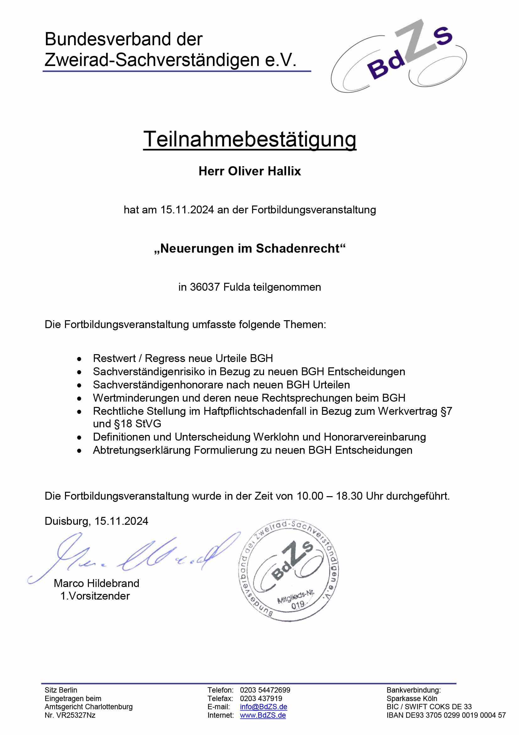 Teilnahmebestätigung Neuerung im Schadenrecht Oliver Hallix