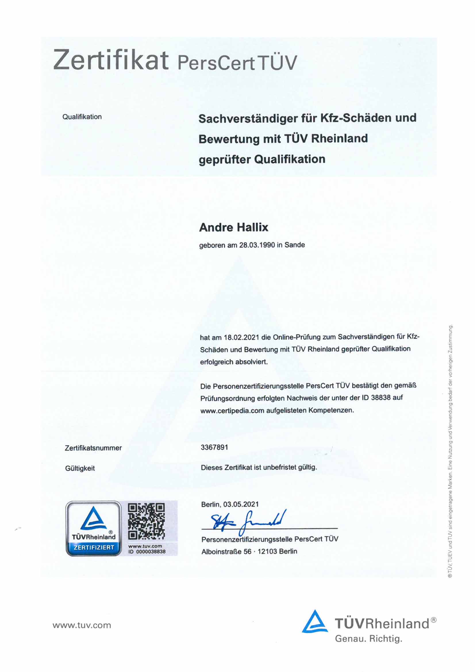 TÜV Rheinland Zertifikat Andre Hallix