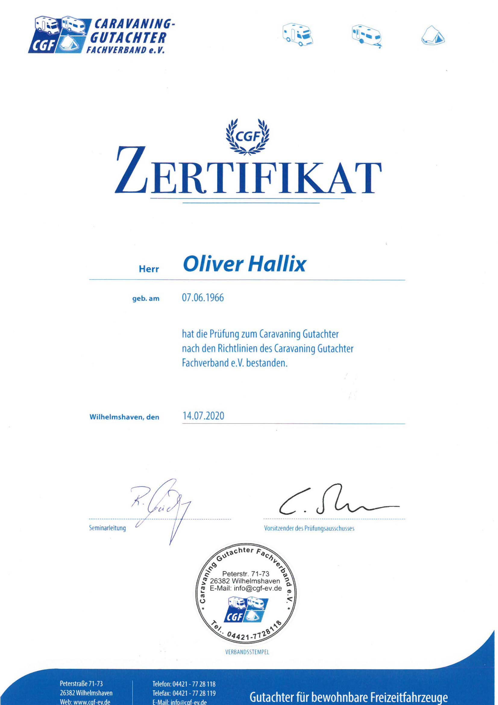 Zertifikat Caravaning Fachverband Oliver Hallix