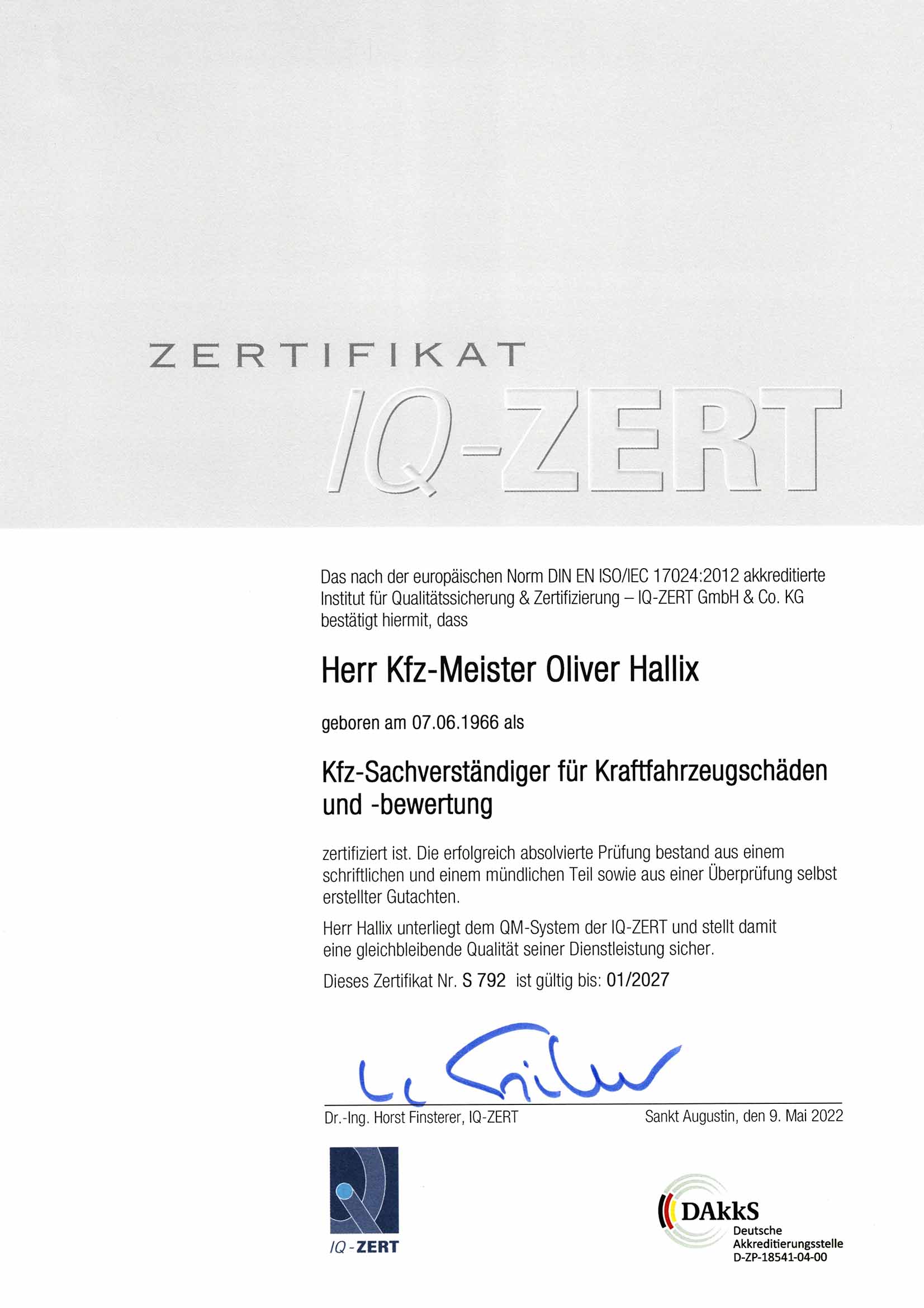Zertifikat IQ-Zert Oliver Hallix